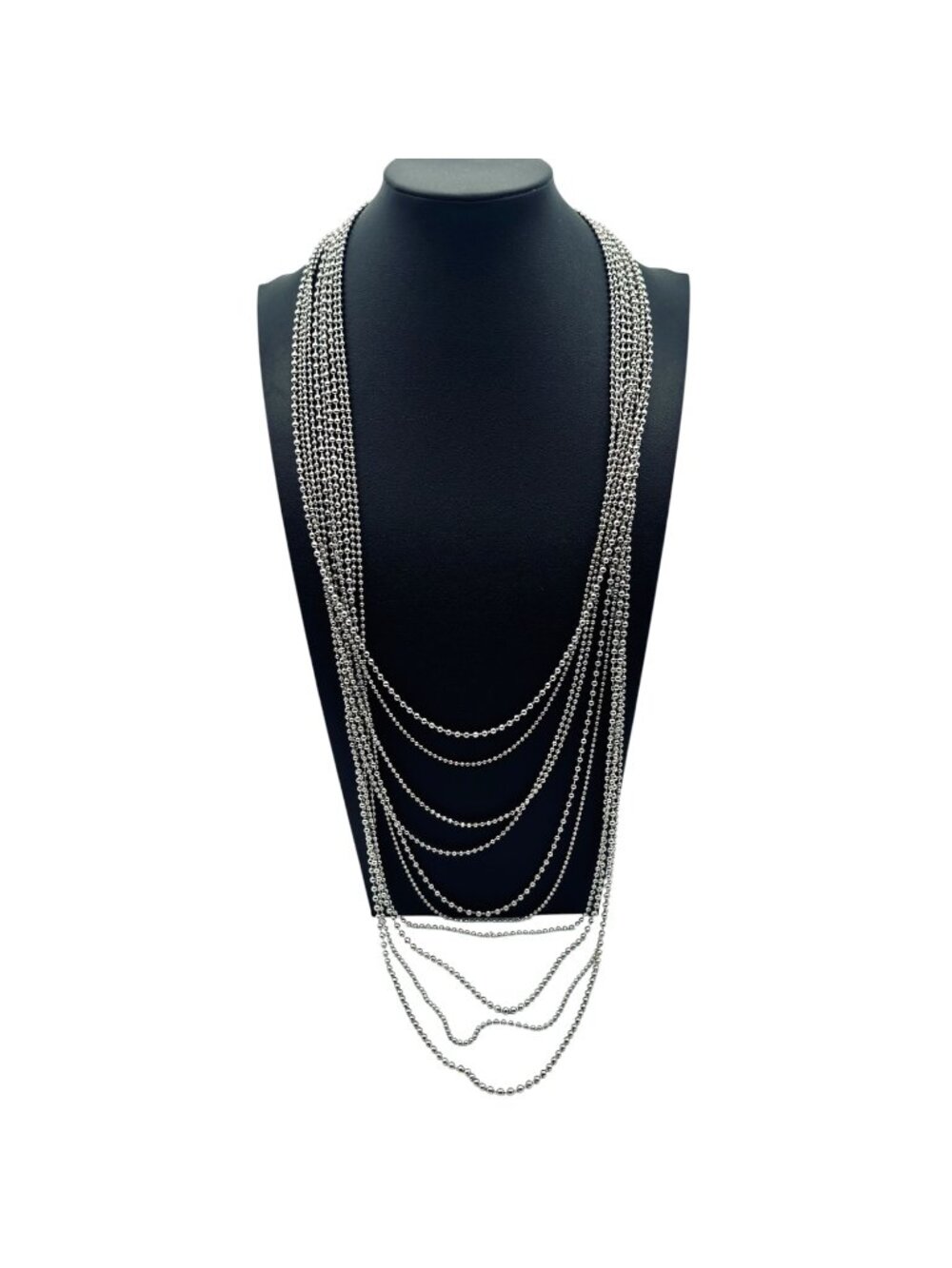 Waterfall Bib Multi-Chain Necklace Graduated 10 Strand Ball Bead Silver Tone